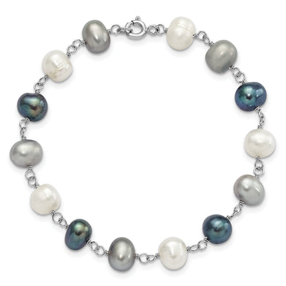 Sterling Silver Rhodium-plated 6-8mm White, Grey and Black Semi-Round Freshwater Cultured Pearl 18 inch Necklace and 7.25 inch Bracelet and 3-piece Button Post Earrings Set
