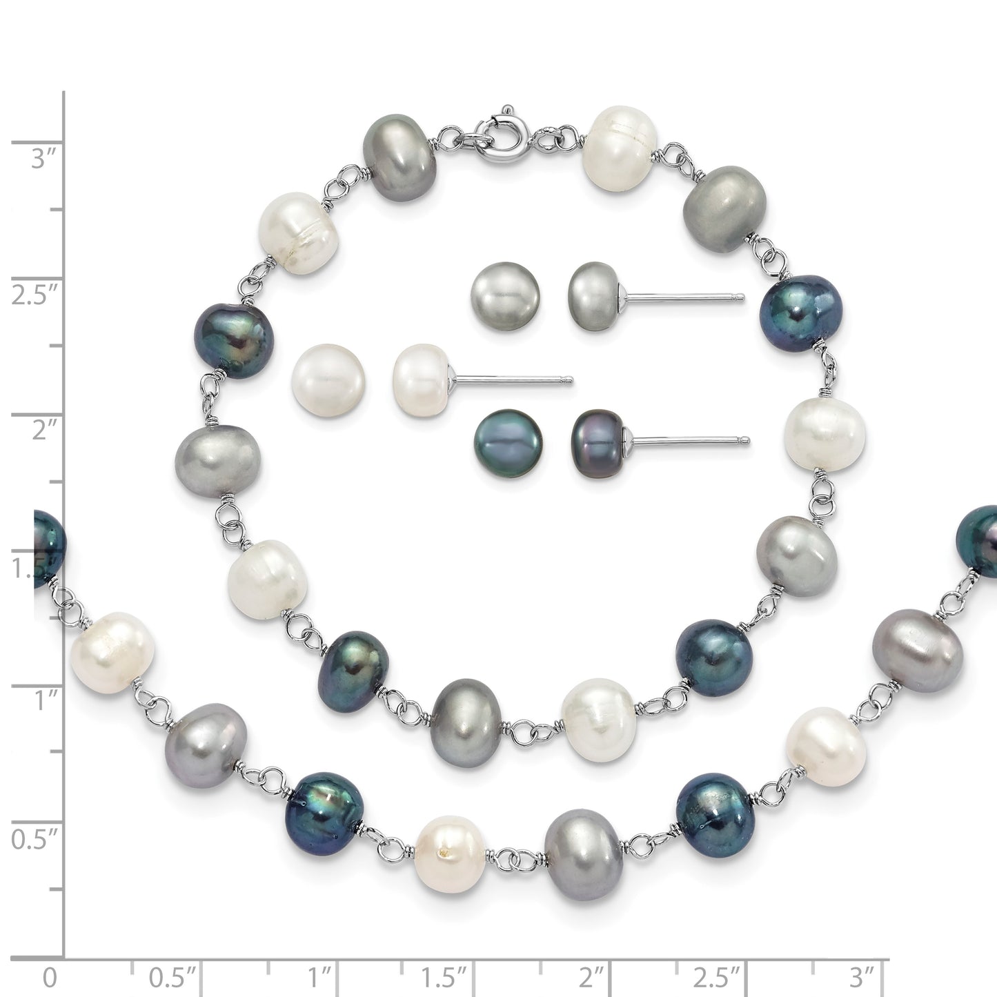 Sterling Silver Rhodium-plated 6-8mm White, Grey and Black Semi-Round Freshwater Cultured Pearl 18 inch Necklace and 7.25 inch Bracelet and 3-piece Button Post Earrings Set