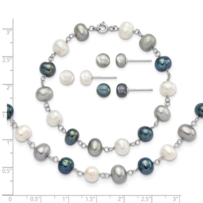 Sterling Silver Rhodium-plated 6-8mm White, Grey and Black Semi-Round Freshwater Cultured Pearl 18 inch Necklace and 7.25 inch Bracelet and 3-piece Button Post Earrings Set