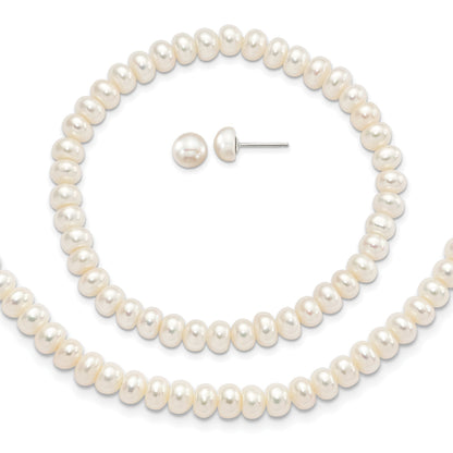 Sterling Silver Rhod-pltd White 6-7mm 3 piece FW Cultured Pearl Set