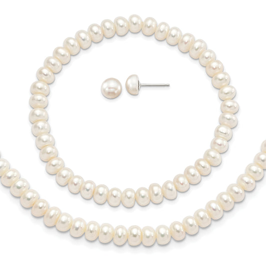 Sterling Silver Rhodium-plated 6-7mm White Button Freshwater Cultured Pearl 18 inch Necklace/Stretch Bracelet/Post Earrings Set