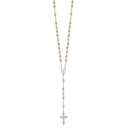 Sterling Silver Polished Rosary Tri-color Beads Necklace