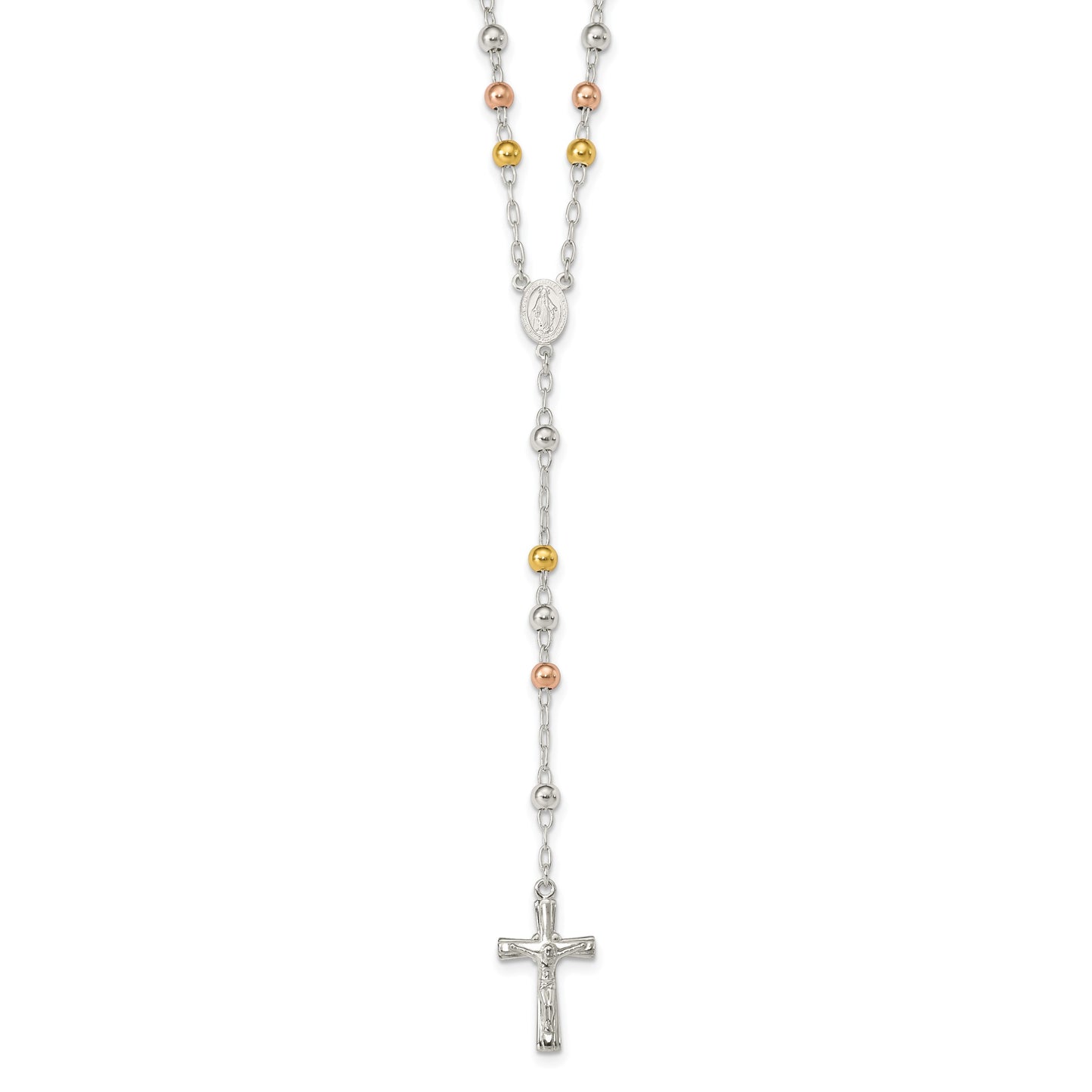Sterling Silver Polished Rosary Tri-color Beads Necklace