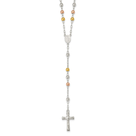Sterling Silver Polished Rosary Tri-color Beads Necklace