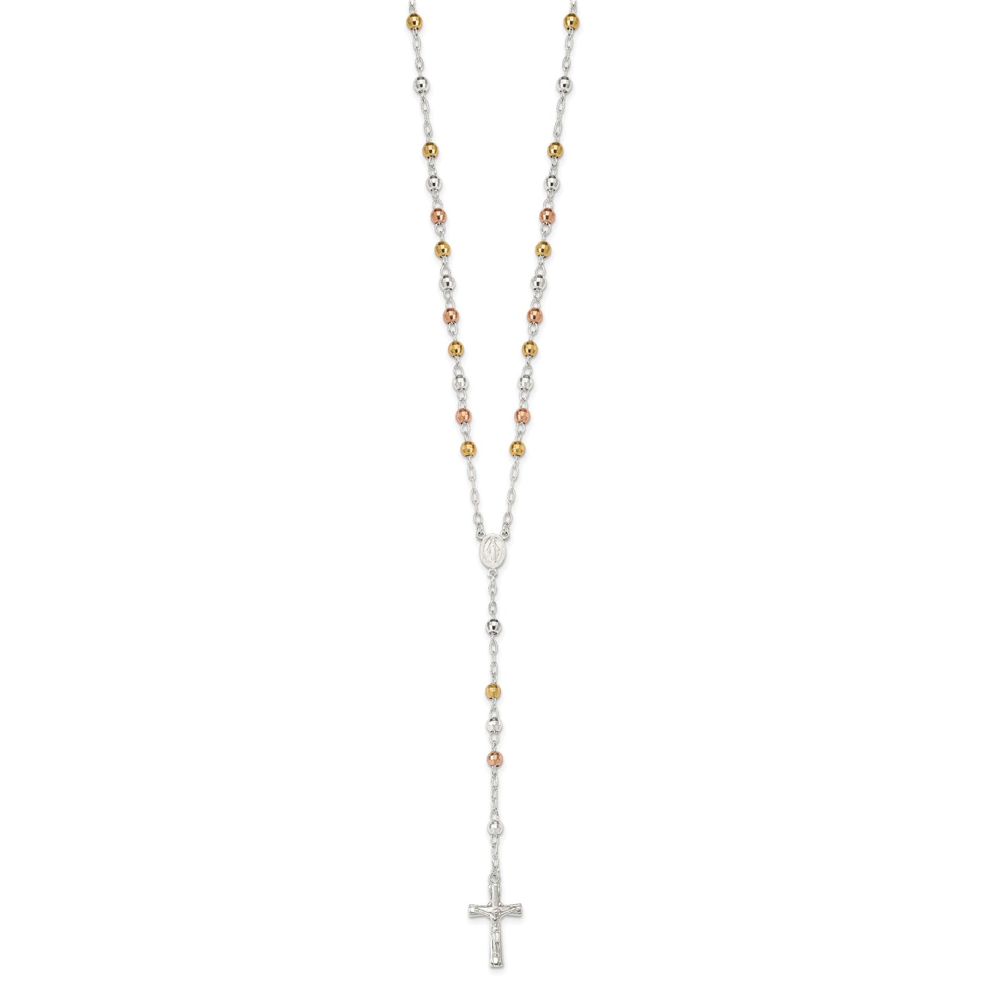 Sterling Silver Tri-color Polished Textured Bead Rosary 26 inch Necklace