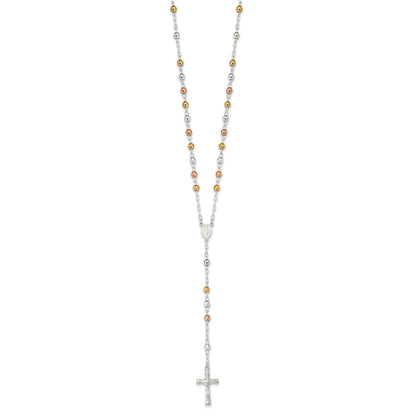 Sterling Silver Tri-color Polished Textured Bead Rosary 26 inch Necklace