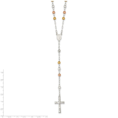Sterling Silver Tri-color Polished Textured Bead Rosary 26 inch Necklace