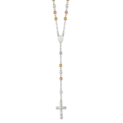Sterling Silver Tri-color Polished Textured Bead Rosary 26 inch Necklace