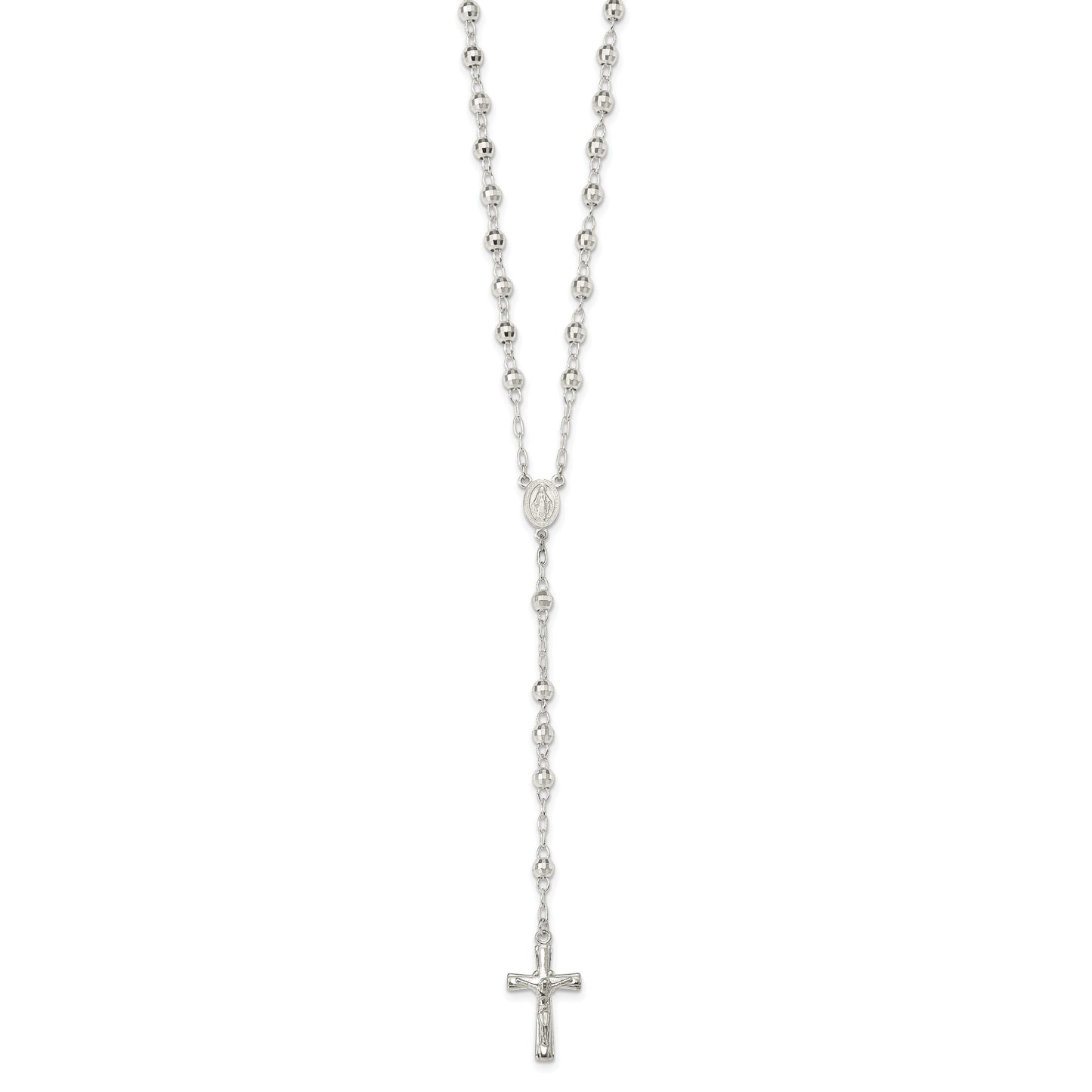 Sterling Silver Polished and Textured Bead Rosary 26 inch Necklace