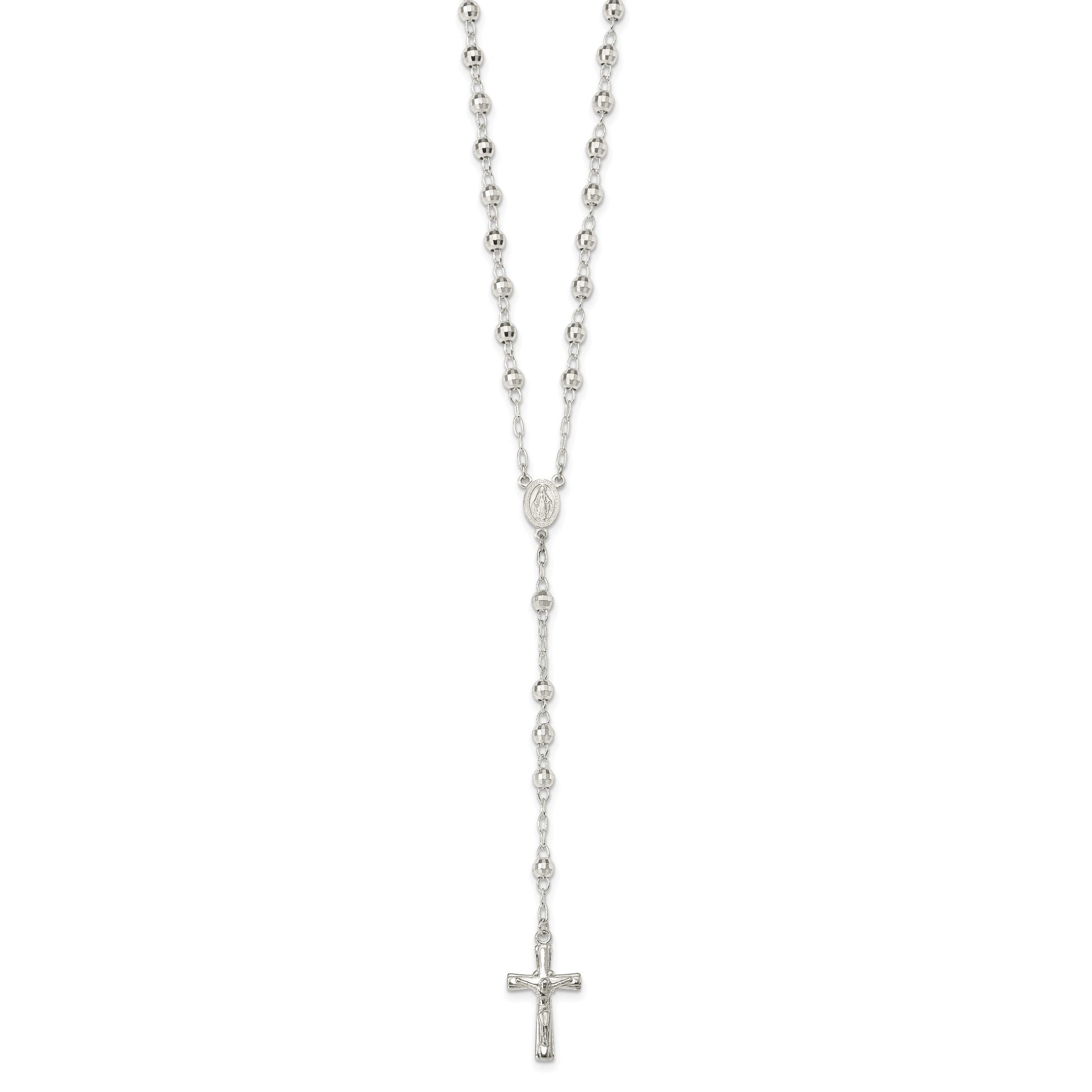 Sterling Silver Polished and Textured Bead Rosary 26 inch Necklace