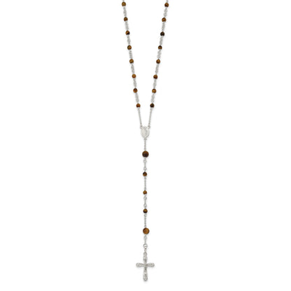 Sterling Silver Polished Tiger Eye Bead Rosary 33 inch Necklace