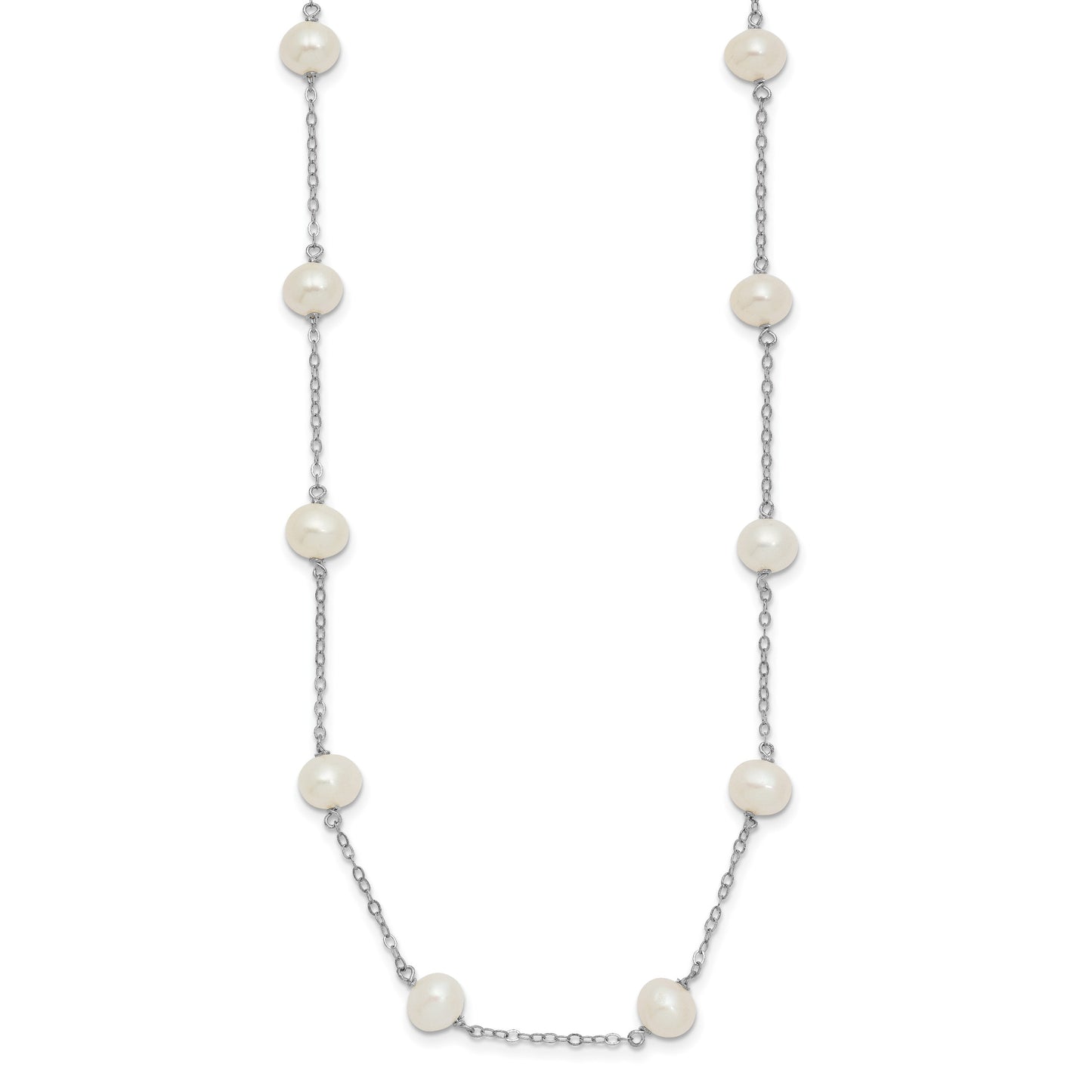 Sterling Silver Rhodium-plated 6-7mm White Near-Round Freshwater Cultured Pearl 12-Station 16 inch Necklace
