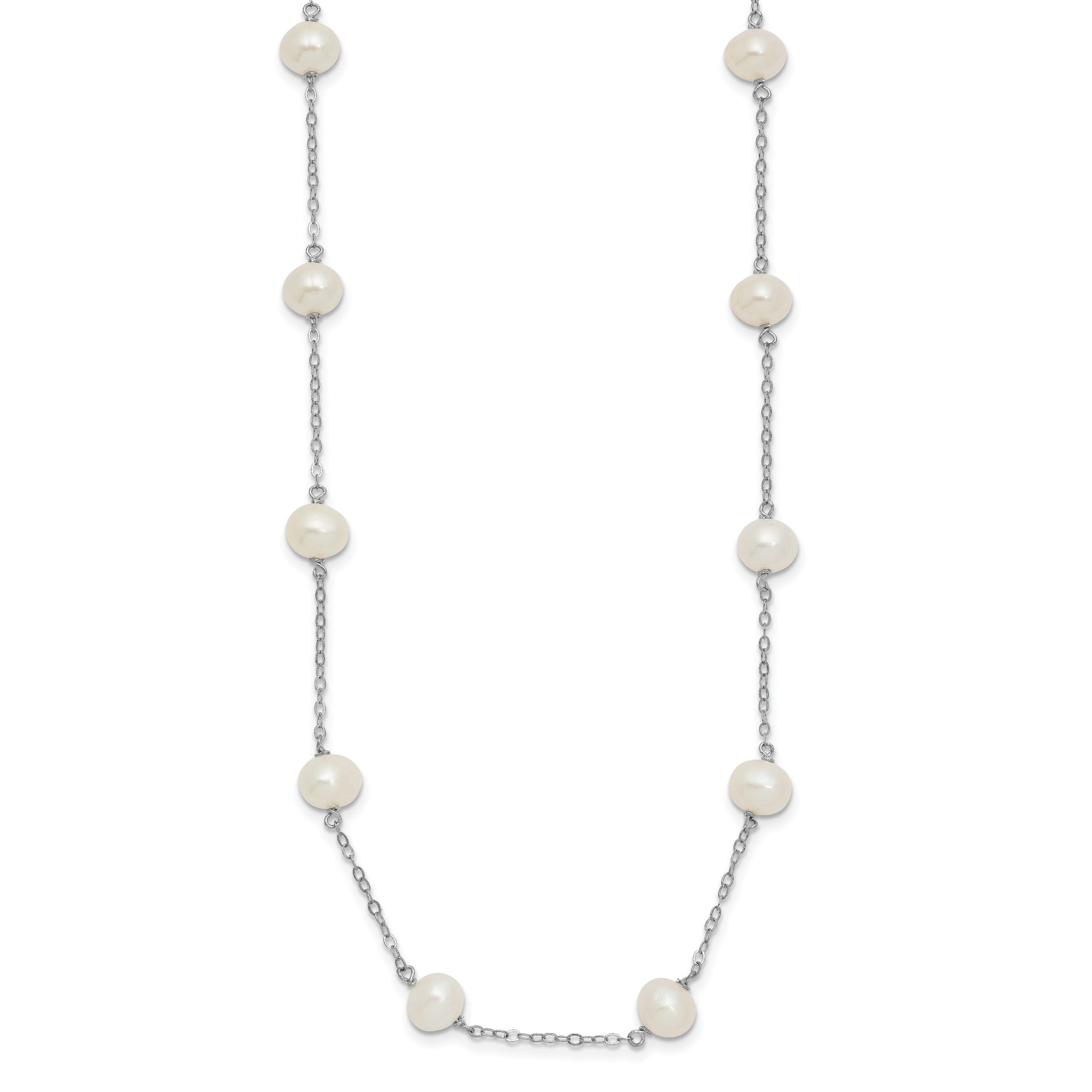 Sterling Silver Rhodium-plated 6-7mm White Near Round Freshwater Cultured Pearl 16-station 20 inch Necklace
