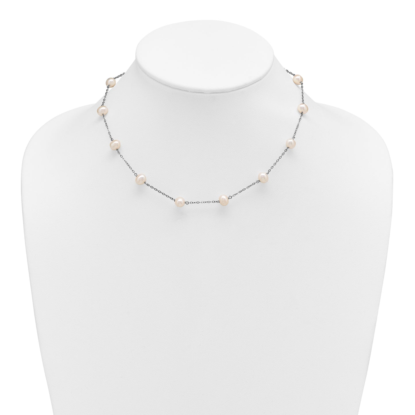 Sterling Silver Rhodium-plated 6-7mm White Near-Round Freshwater Cultured Pearl 12-Station 16 inch Necklace