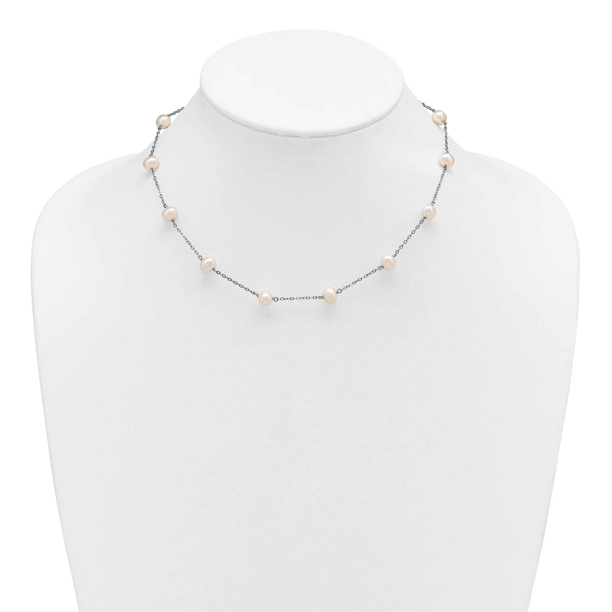Sterling Silver Rhodium-plated 6-7mm White Near-Round Freshwater Cultured Pearl 12-Station 16 inch Necklace