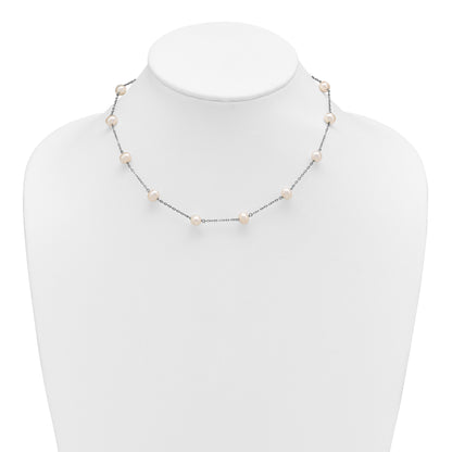 Sterling Silver Rhodium-plated 6-7mm White Near-Round Freshwater Cultured Pearl 12-Station 16 inch Necklace