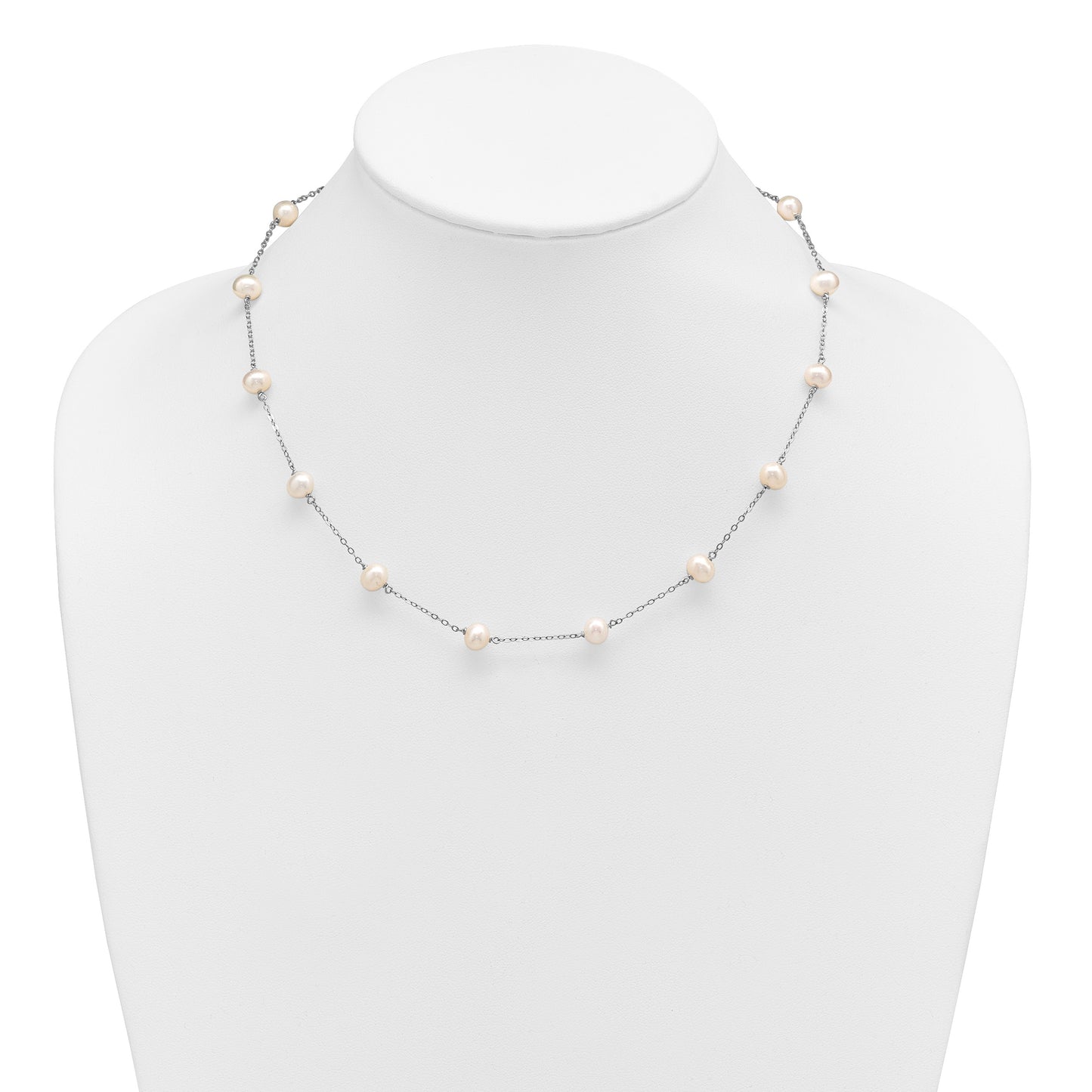Sterling Silver Rhodium-plated 6-7mm White Near-Round Freshwater Cultured Pearl 14-Station 18 inch Necklace