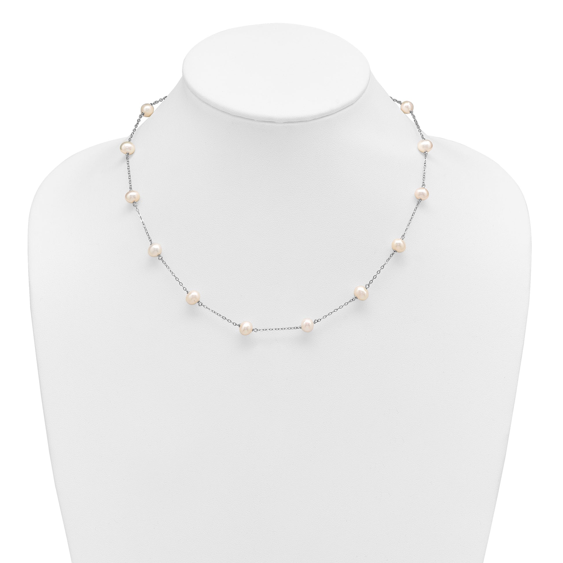 Sterling Silver Rhodium-plated 6-7mm White Near-Round Freshwater Cultured Pearl 14-Station 18 inch Necklace