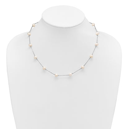 Sterling Silver Rhodium-plated 6-7mm White Near-Round Freshwater Cultured Pearl 14-Station 18 inch Necklace