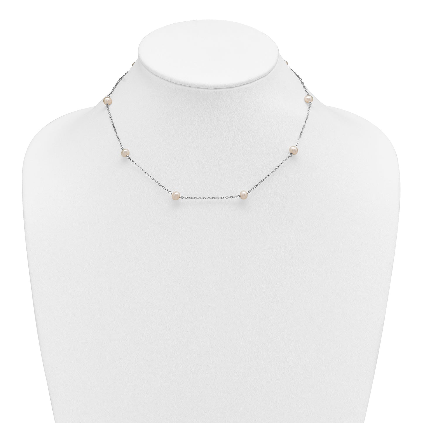 Sterling Silver Rhodium-plated 5-6mm White Near-Round Freshwater Cultured Pearl 8-Station 16 inch Necklace