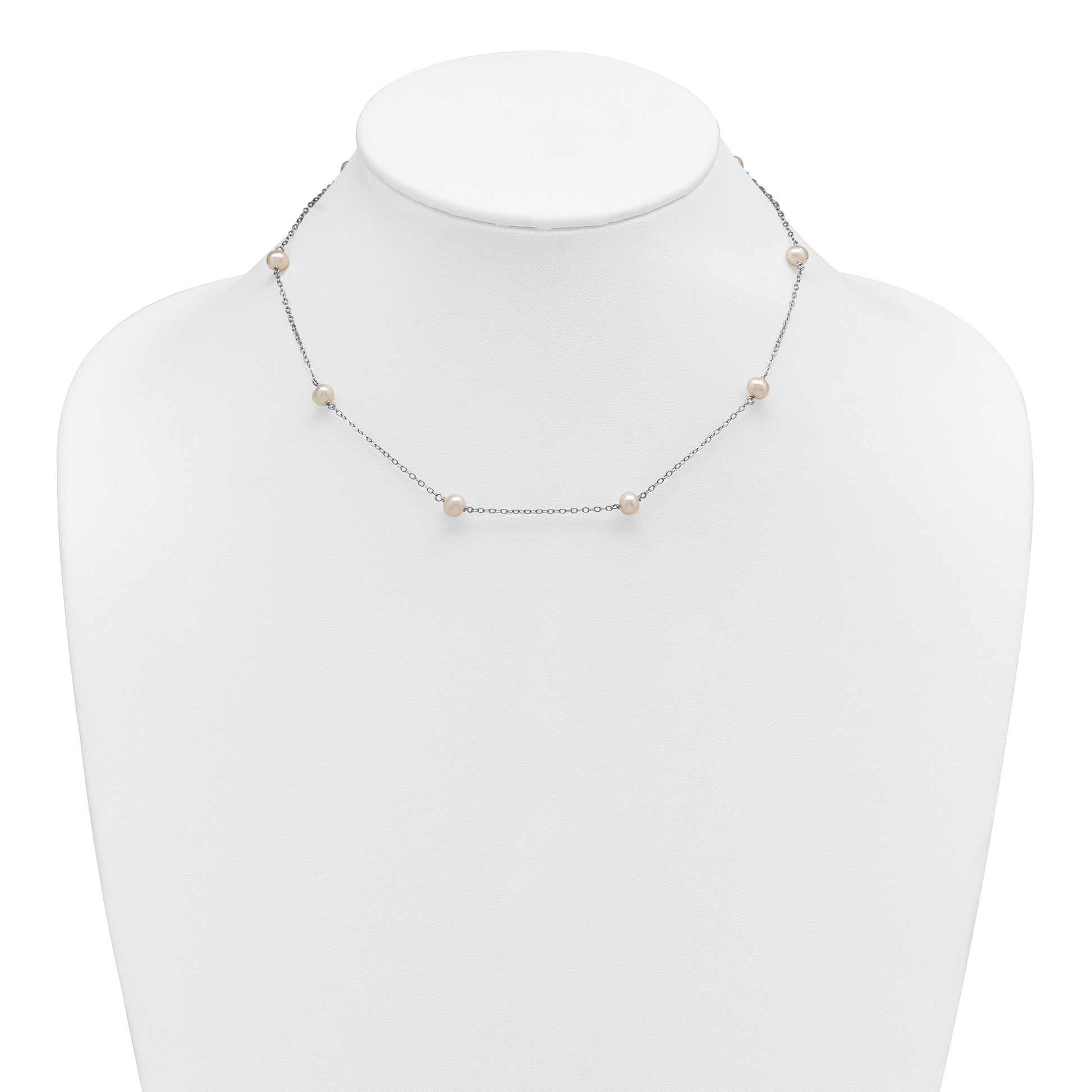 Sterling Silver Rhodium-plated 5-6mm White Near-Round Freshwater Cultured Pearl 8-Station 16 inch Necklace