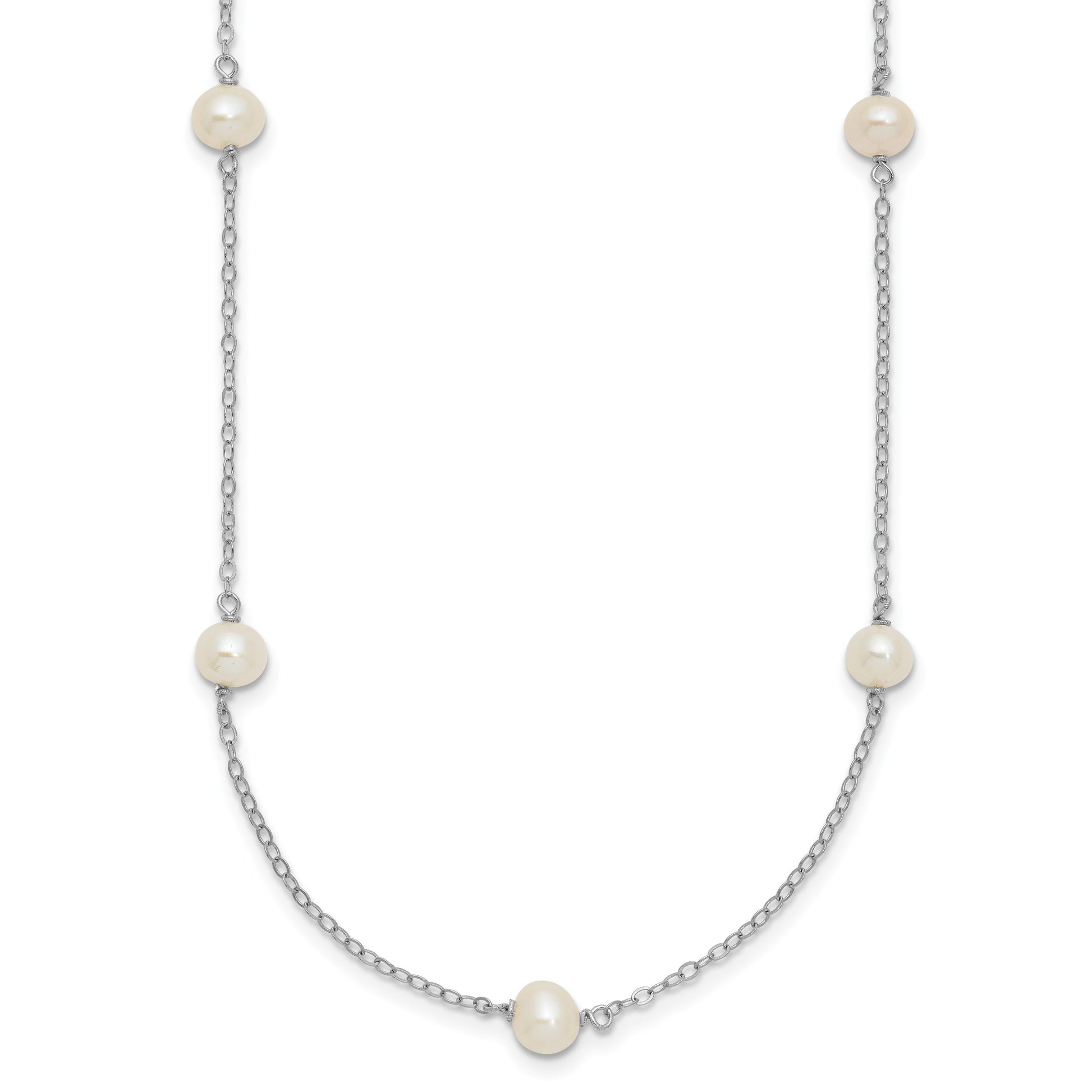 Sterling Silver Rhodium-plated 5-6mm White Near-Round Freshwater Cultured Pearl 8-Station 16 inch Necklace
