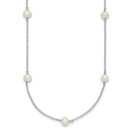 Sterling Silver Rhodium-plated 5-6mm White Near-Round Freshwater Cultured Pearl 9-Station 18 inch Necklace