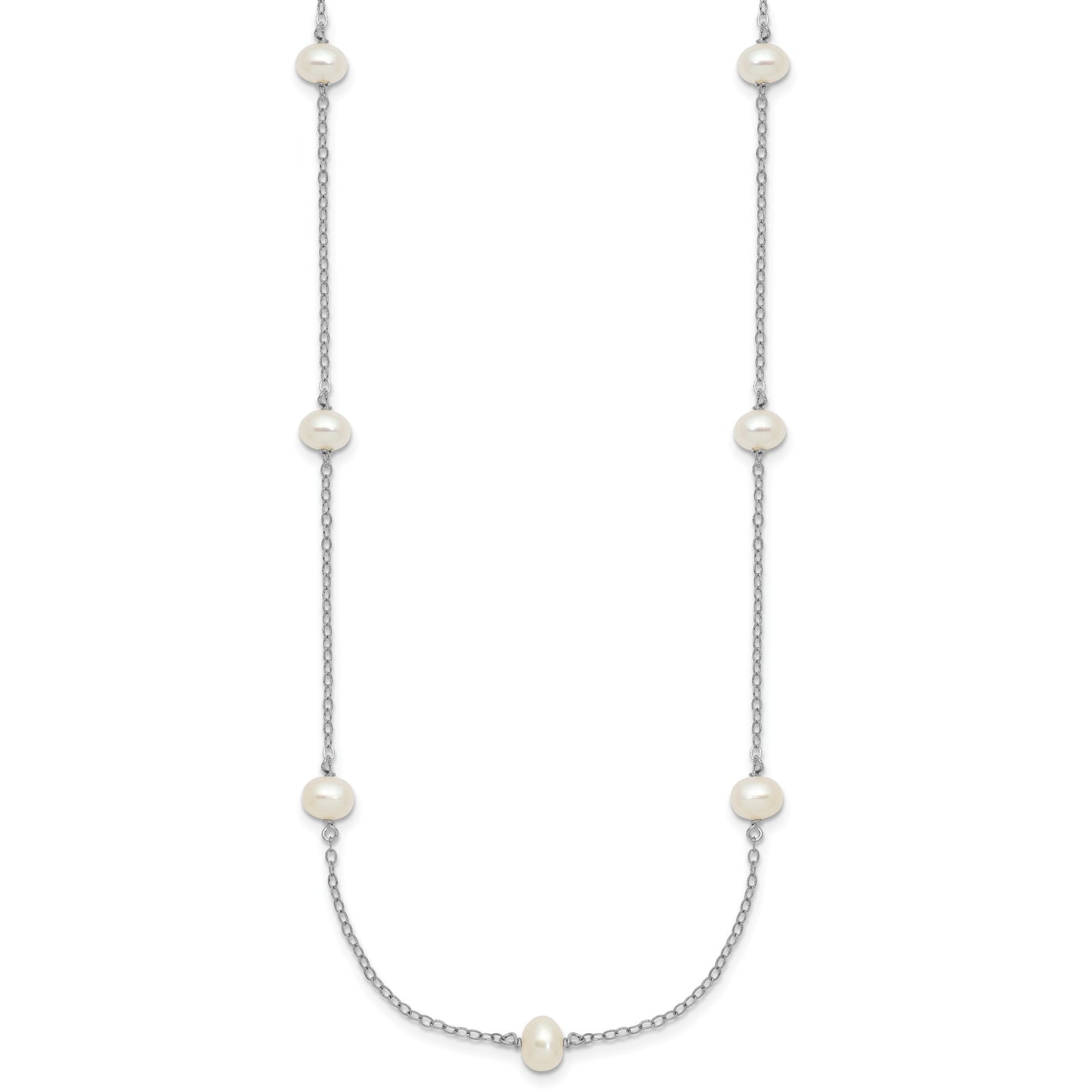 Sterling Silver Rhodium-plated 4-5mm White Near-Round Freshwater Cultured Pearl 9-Station 18 inch Necklace