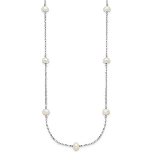 Sterling Silver Rhodium-plated 4-5mm White Near-Round Freshwater Cultured Pearl 9-Station 18 inch Necklace