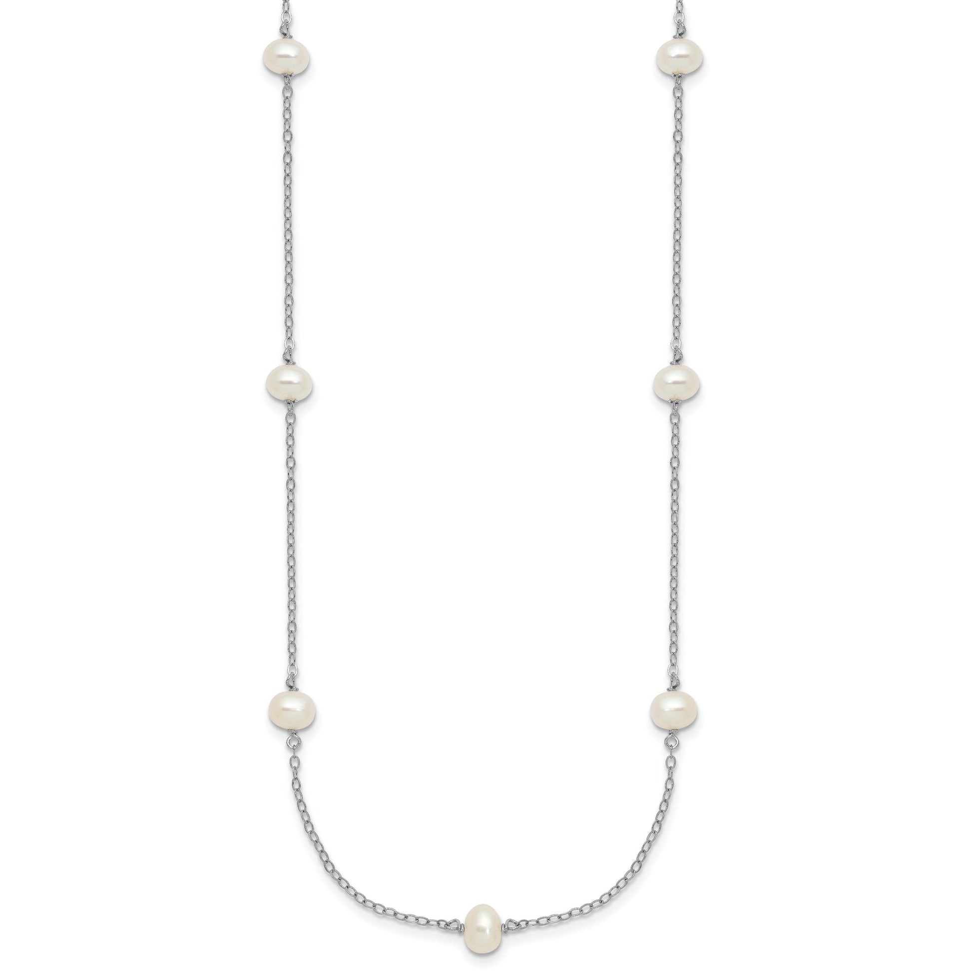 Sterling Silver Rhodium-plated 4-5mm White Near Round Freshwater Cultured Pearl 9-station 16 inch Necklace