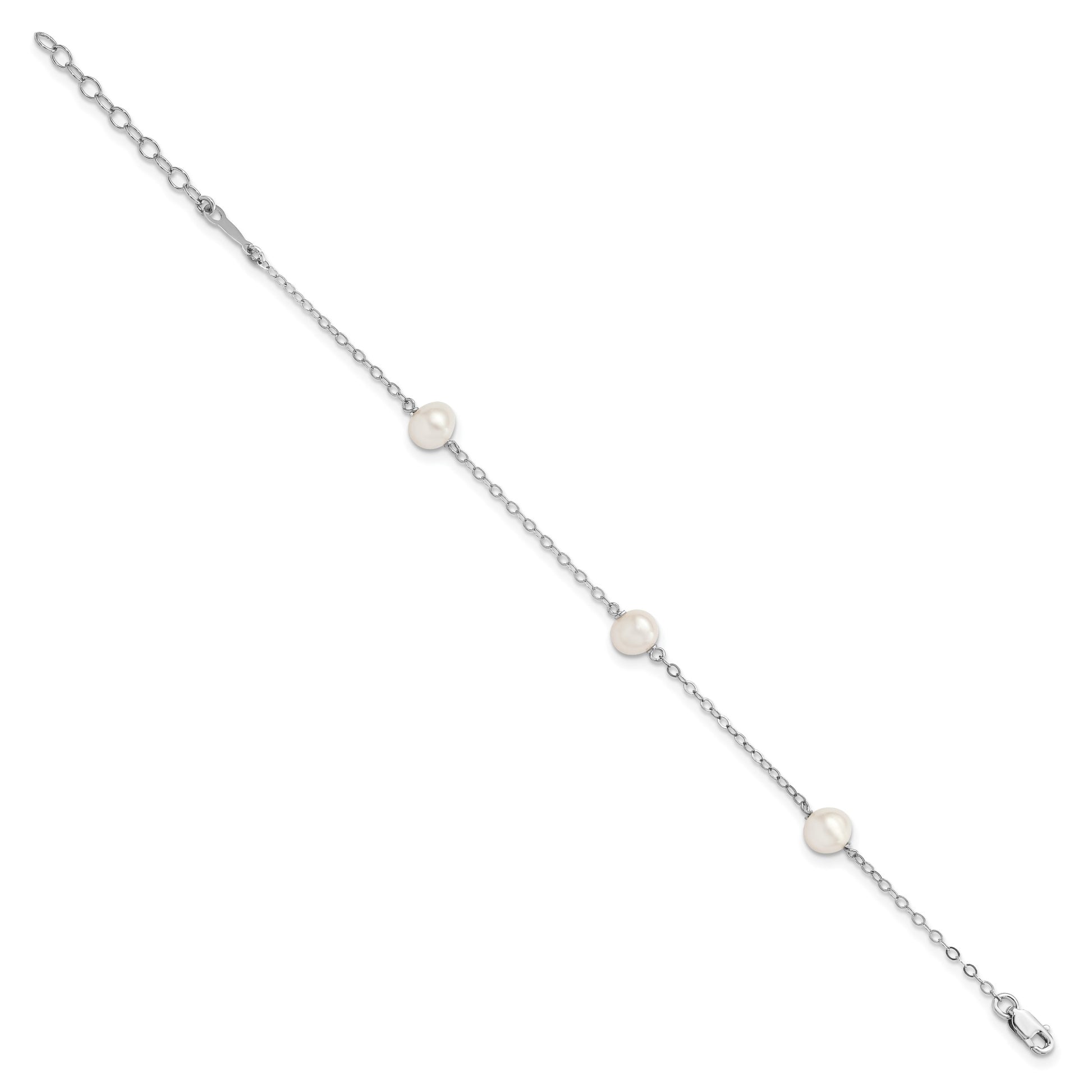 Sterling Silver Rhodium-plated 5-6mm White Freshwater Cultured Pearl 3-Stations 5.5 inch with 1 inch Extension Bracelet