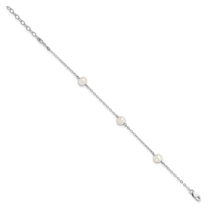 Sterling Silver Rhodium-plated 5-6mm White Freshwater Cultured Pearl 3-Stations 5.5 inch with 1 inch Extension Bracelet