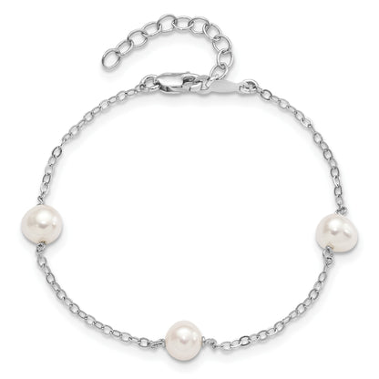 Sterling Silver Rhodium-plated 5-6mm White Freshwater Cultured Pearl 3-Stations 7.5 inch Bracelet