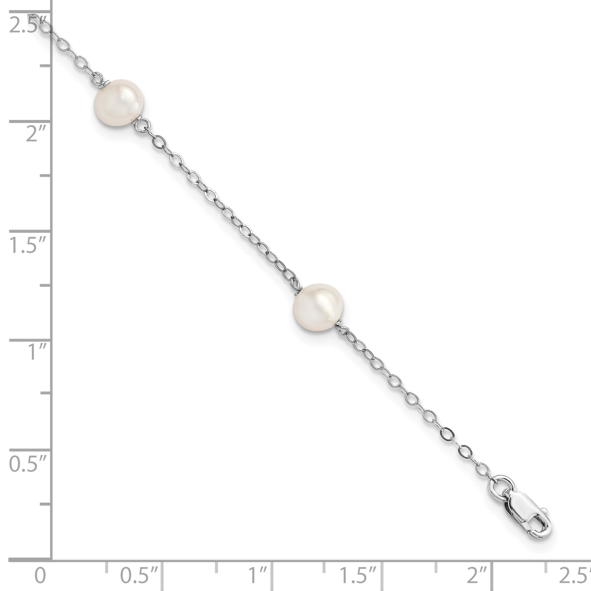 Sterling Silver Rhodium-plated 5-6mm White Freshwater Cultured Pearl 3-Stations 5.5 inch with 1 inch Extension Bracelet