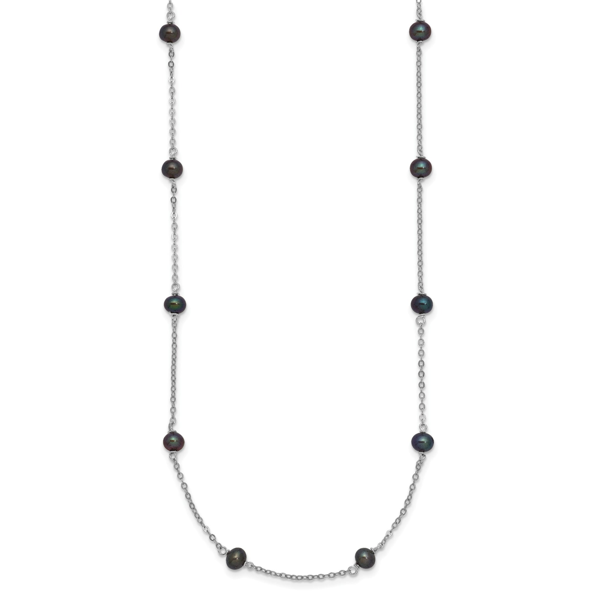 Sterling Silver Rhodium-plated 4-5mm Black Semi-Round Freshwater Cultured Pearl 14-Station 18 inch Necklace