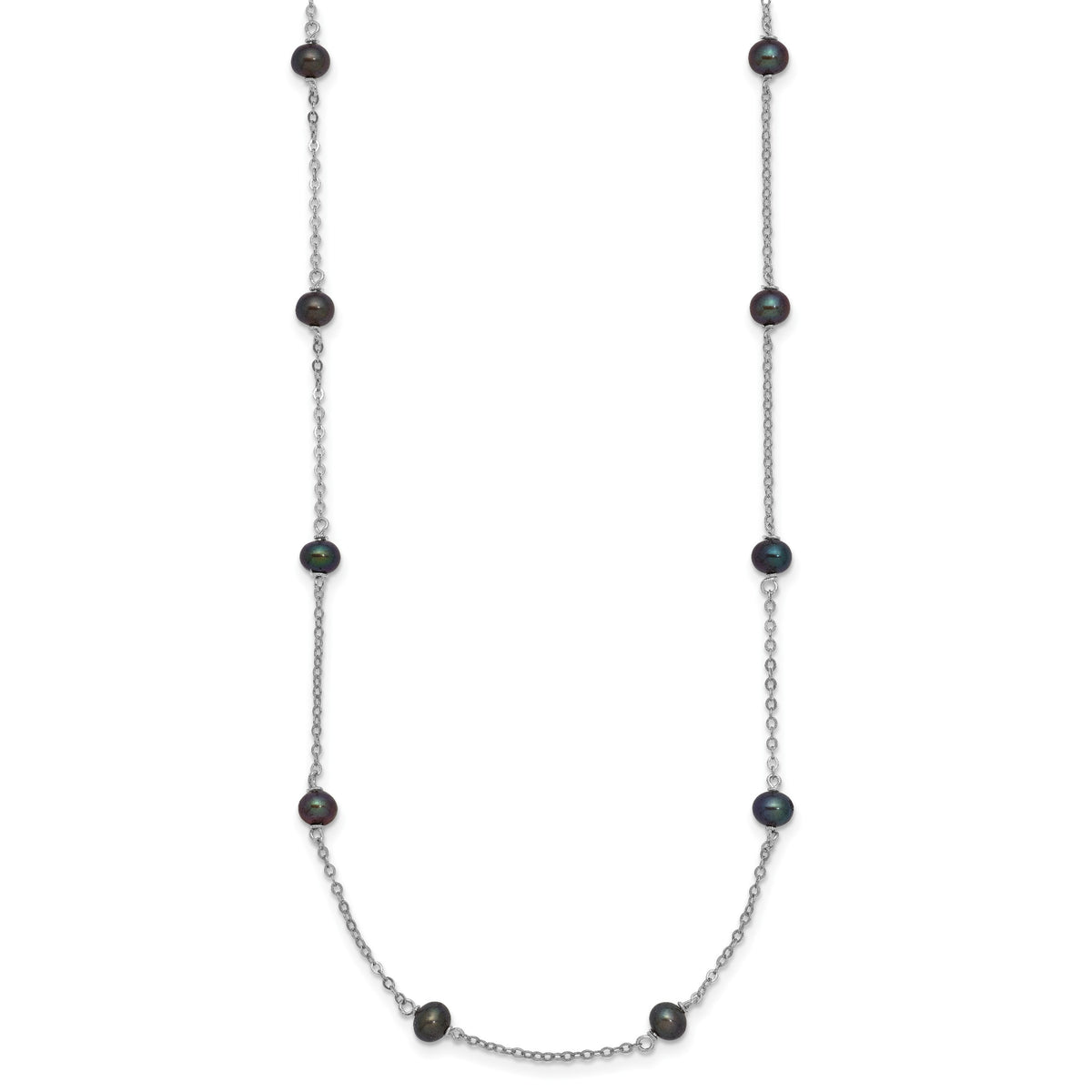 Sterling Silver Rhodium-plated 4-5mm Black Semi-Round Freshwater Cultured Pearl 8-Station 16 inch Necklace