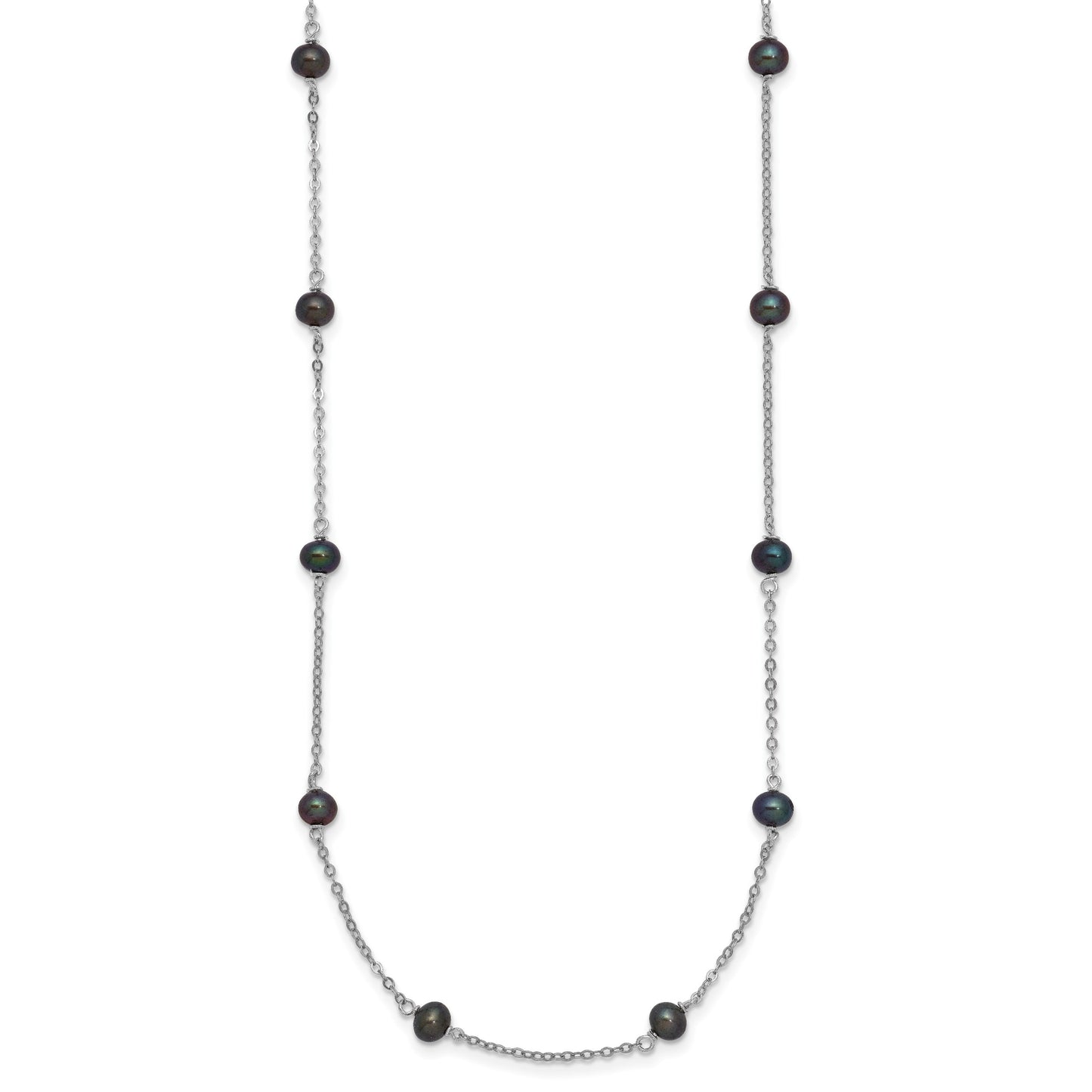 Sterling Silver Rhodium-plated 4-5mm Black Semi-Round Freshwater Cultured Pearl 8-Station 16 inch Necklace