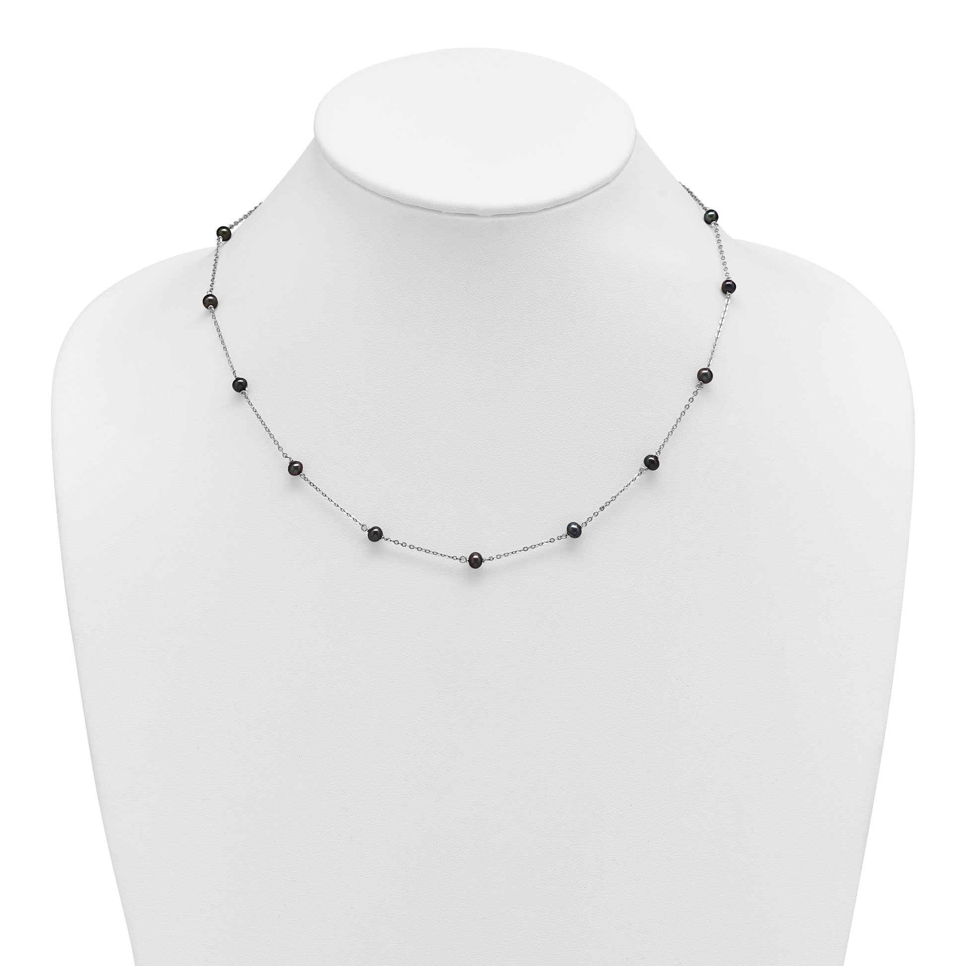 Sterling Silver Rhodium-plated 4-5mm Black Semi-Round Freshwater Cultured Pearl 14-Station 18 inch Necklace