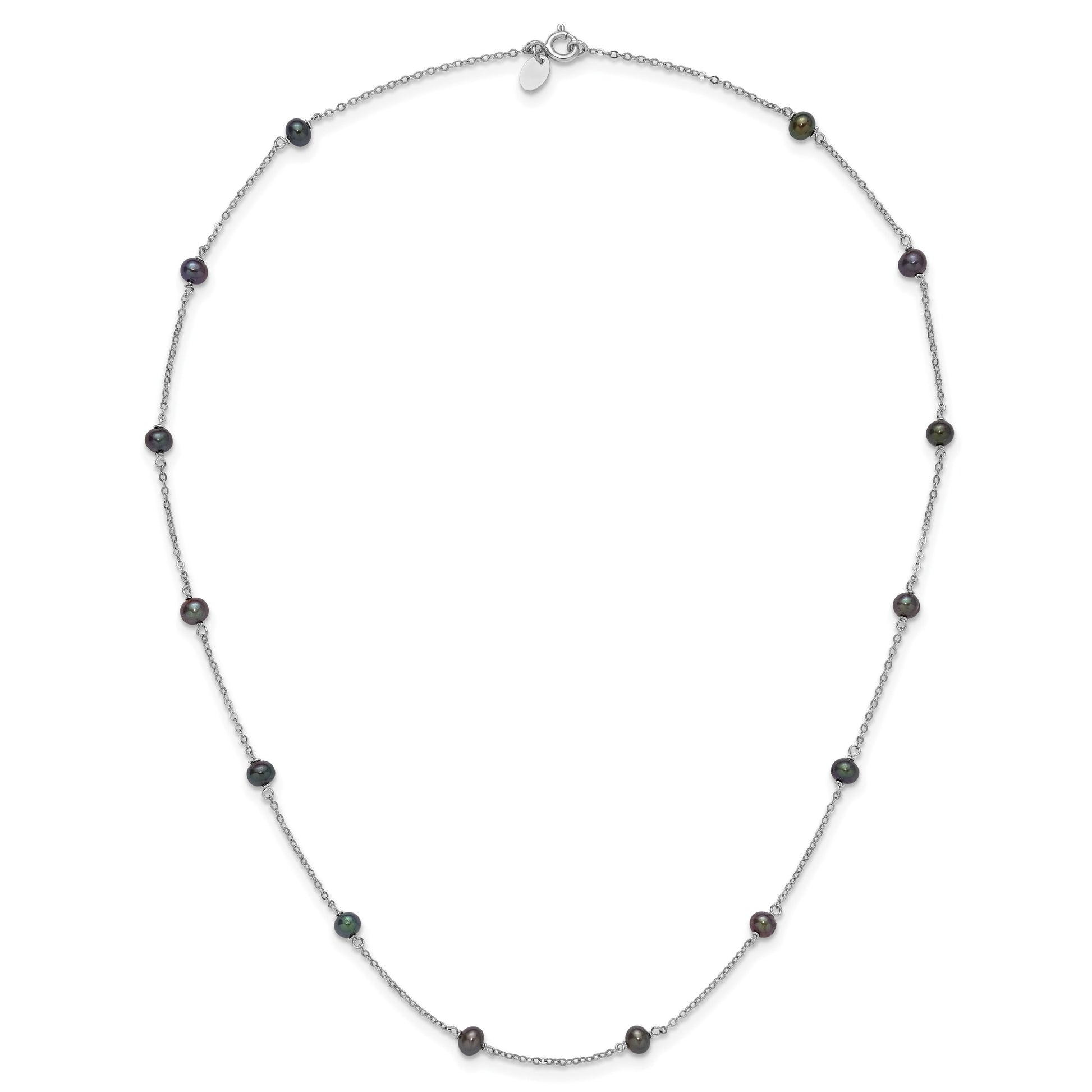 Sterling Silver Rhodium-plated 4-5mm Black Semi-Round Freshwater Cultured Pearl 14-Station 18 inch Necklace