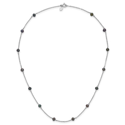 Sterling Silver Rhodium-plated 4-5mm Black Semi-Round Freshwater Cultured Pearl 14-Station 18 inch Necklace
