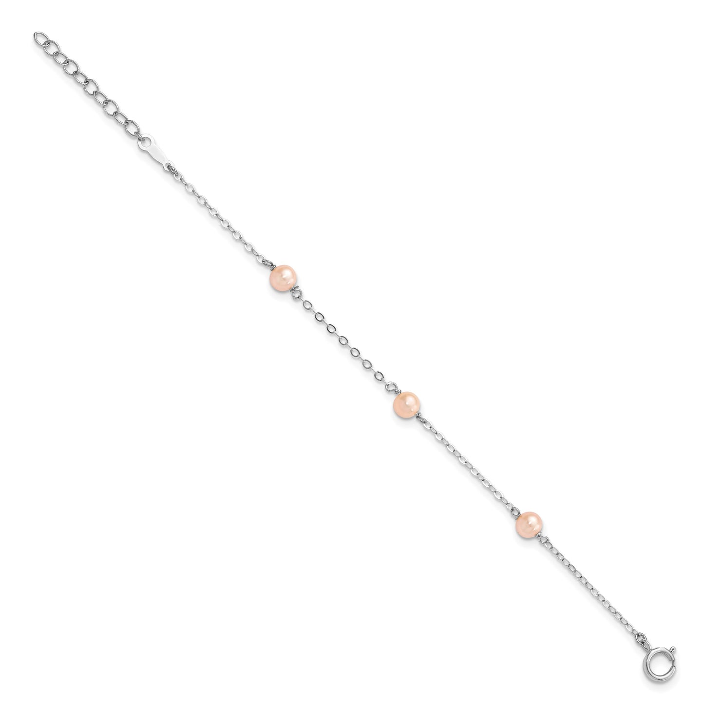 Sterling Silver Rhodium-plated 4-5mm Pink Semi-Round Freshwater Cultured Pearl 3-Station 5 inch with 1 inch Extension Children's Bracelet