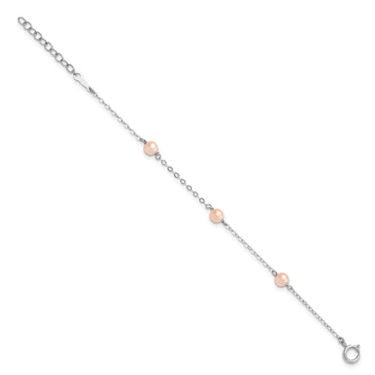 Sterling Silver Rhodium-plated 4-5mm Pink Semi-Round Freshwater Cultured Pearl 3-Station 5 inch with 1 inch Extension Children's Bracelet