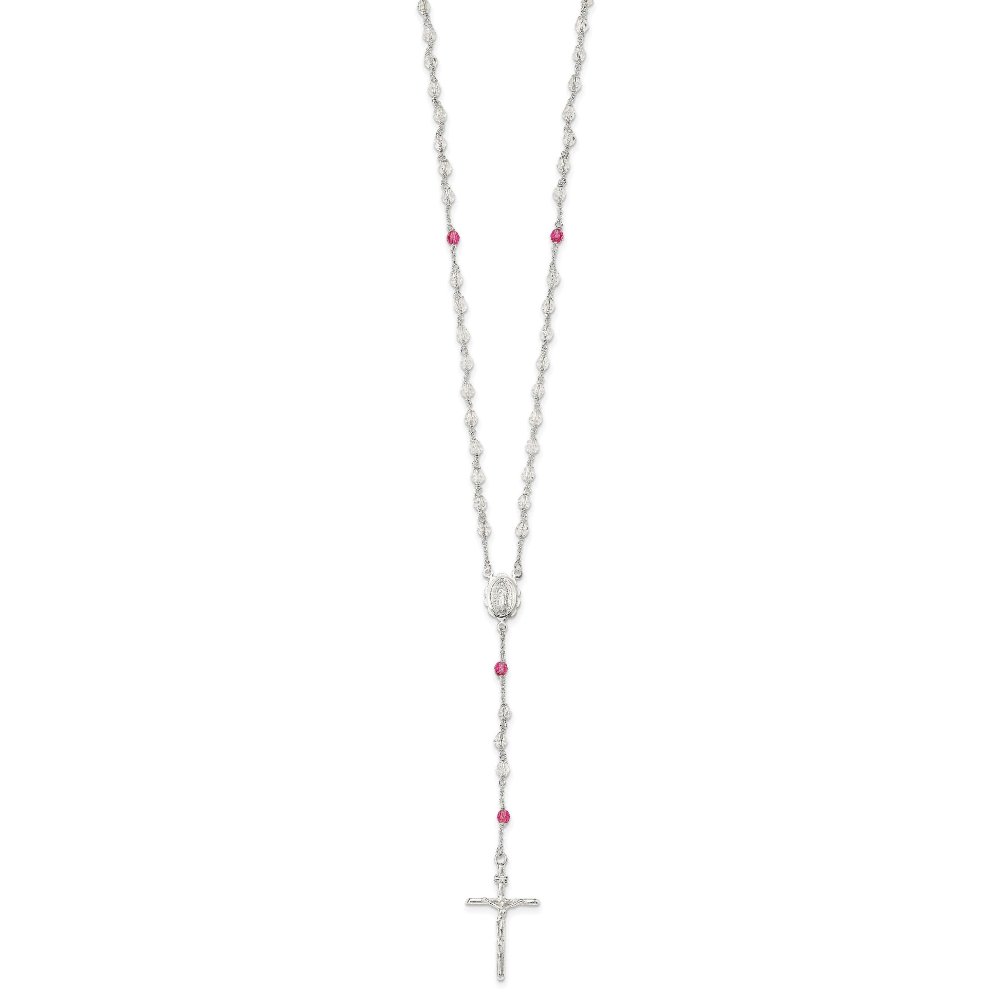 Sterling Silver Polished Crystal Rose Quartz Rosary Necklace