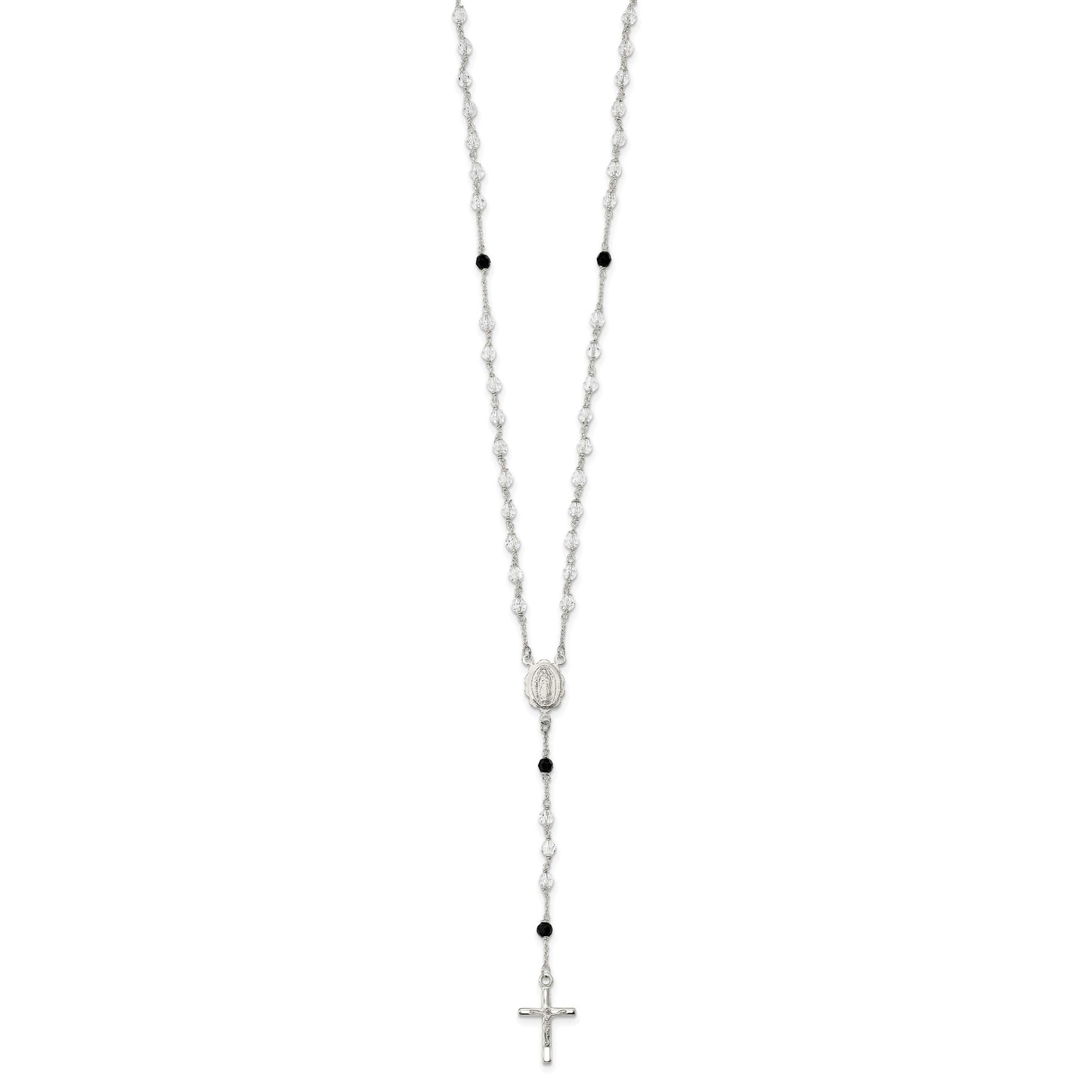 Sterling Silver Polished and Black Crystal Bead Rosary 23.5 inch Necklace