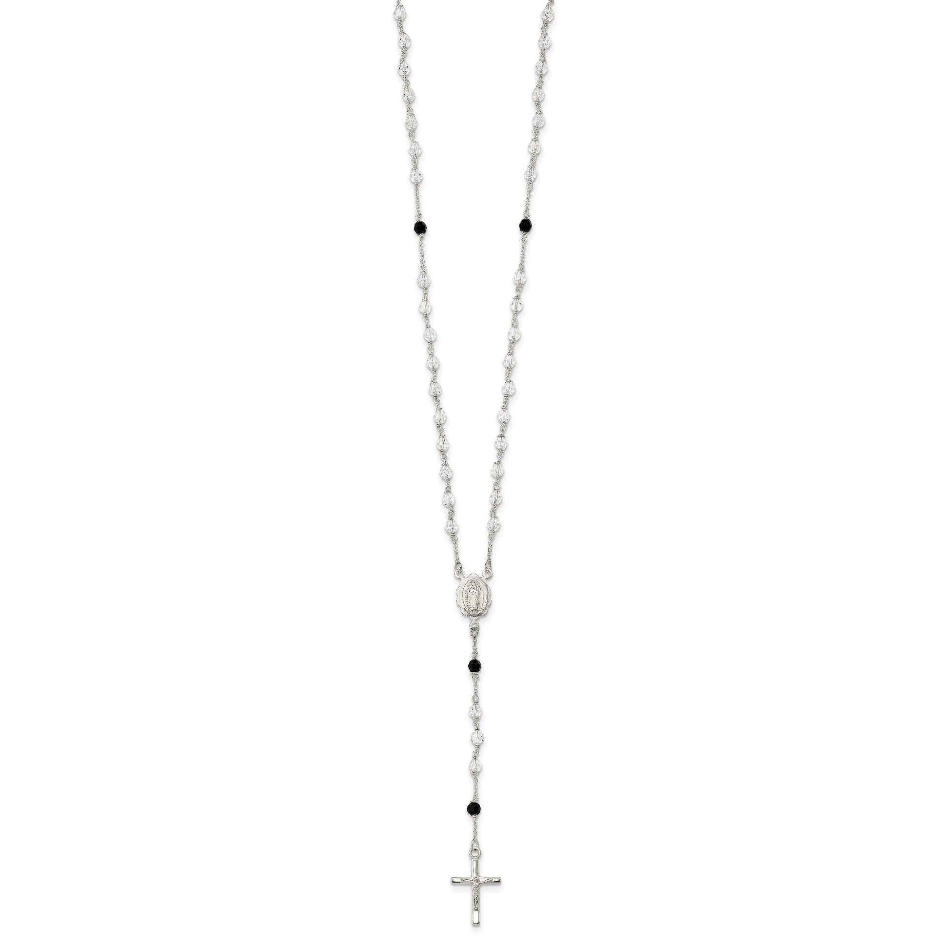 Sterling Silver Polished and Black Crystal Bead Rosary 23.5 inch Necklace