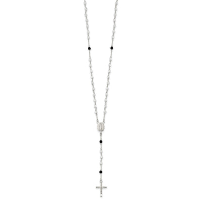 Sterling Silver Polished and Black Crystal Bead Rosary 23.5 inch Necklace