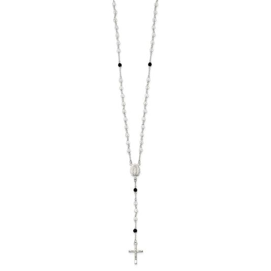 Sterling Silver Polished and Black Crystal Bead Rosary 23.5 inch Necklace