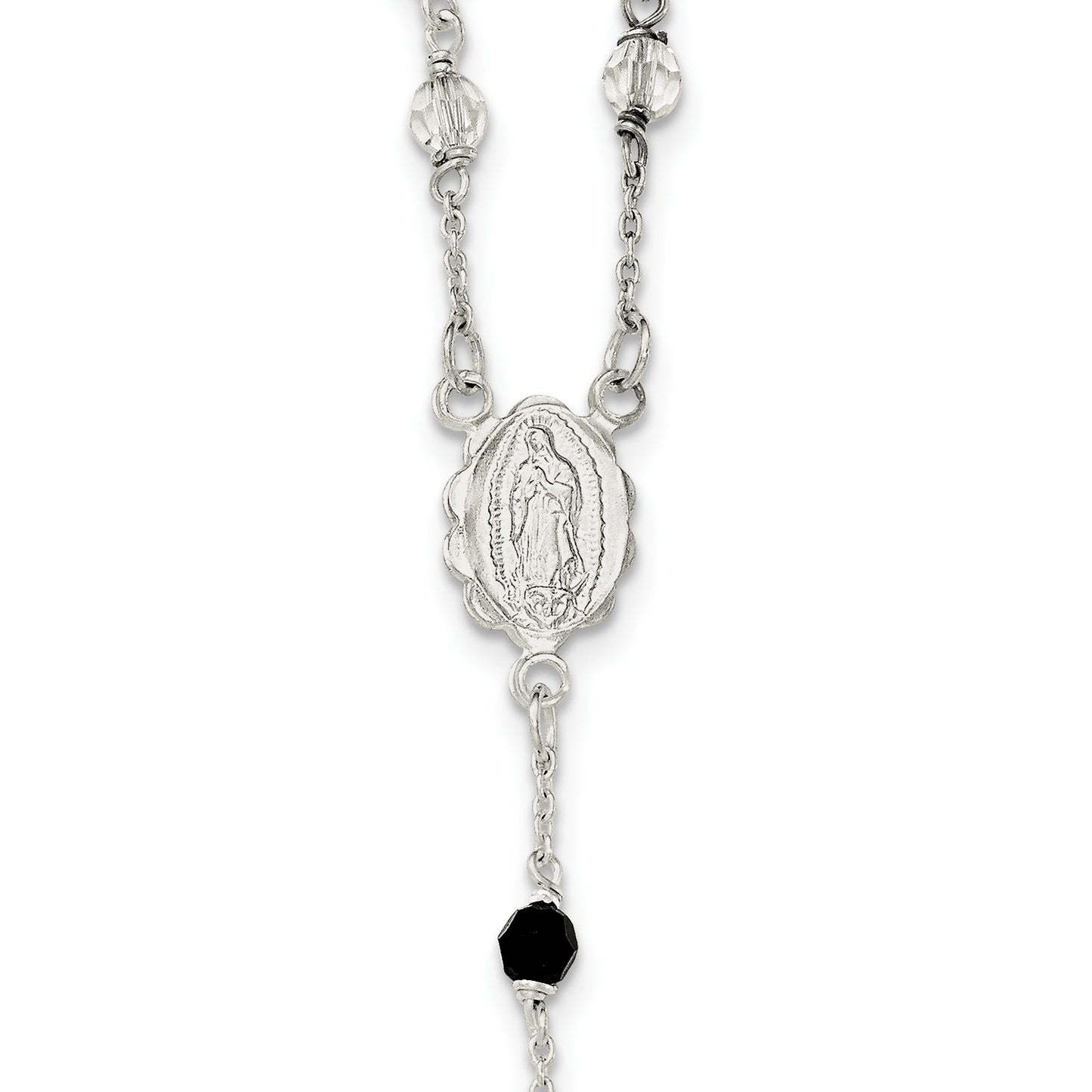 Sterling Silver Polished and Black Crystal Bead Rosary 23.5 inch Necklace