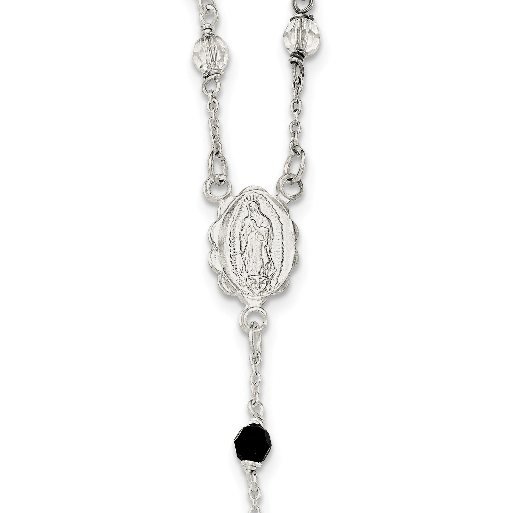 Sterling Silver Polished and Black Crystal Bead Rosary 23.5 inch Necklace
