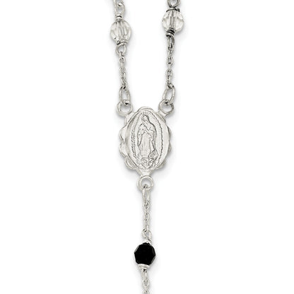 Sterling Silver Polished and Black Crystal Bead Rosary 23.5 inch Necklace